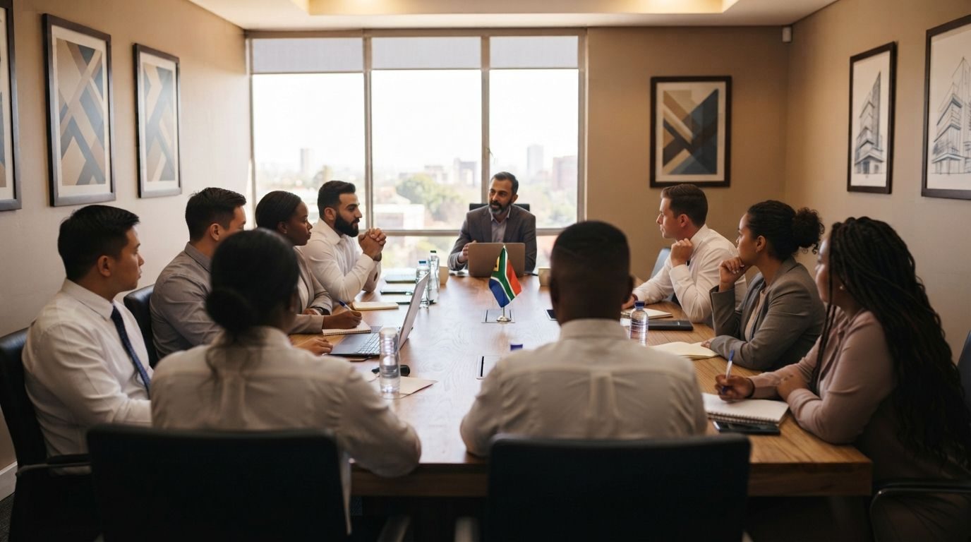 Managers and employees around a boardroom table in a consultation meeting
