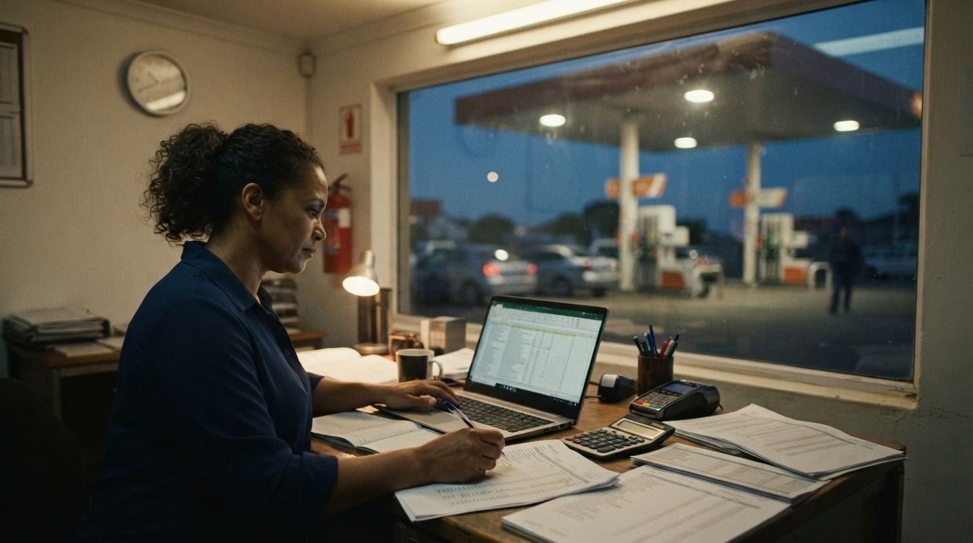 Bookkeeper working through a reconciliation in a fuel station back office, with the forecourt visible through the window