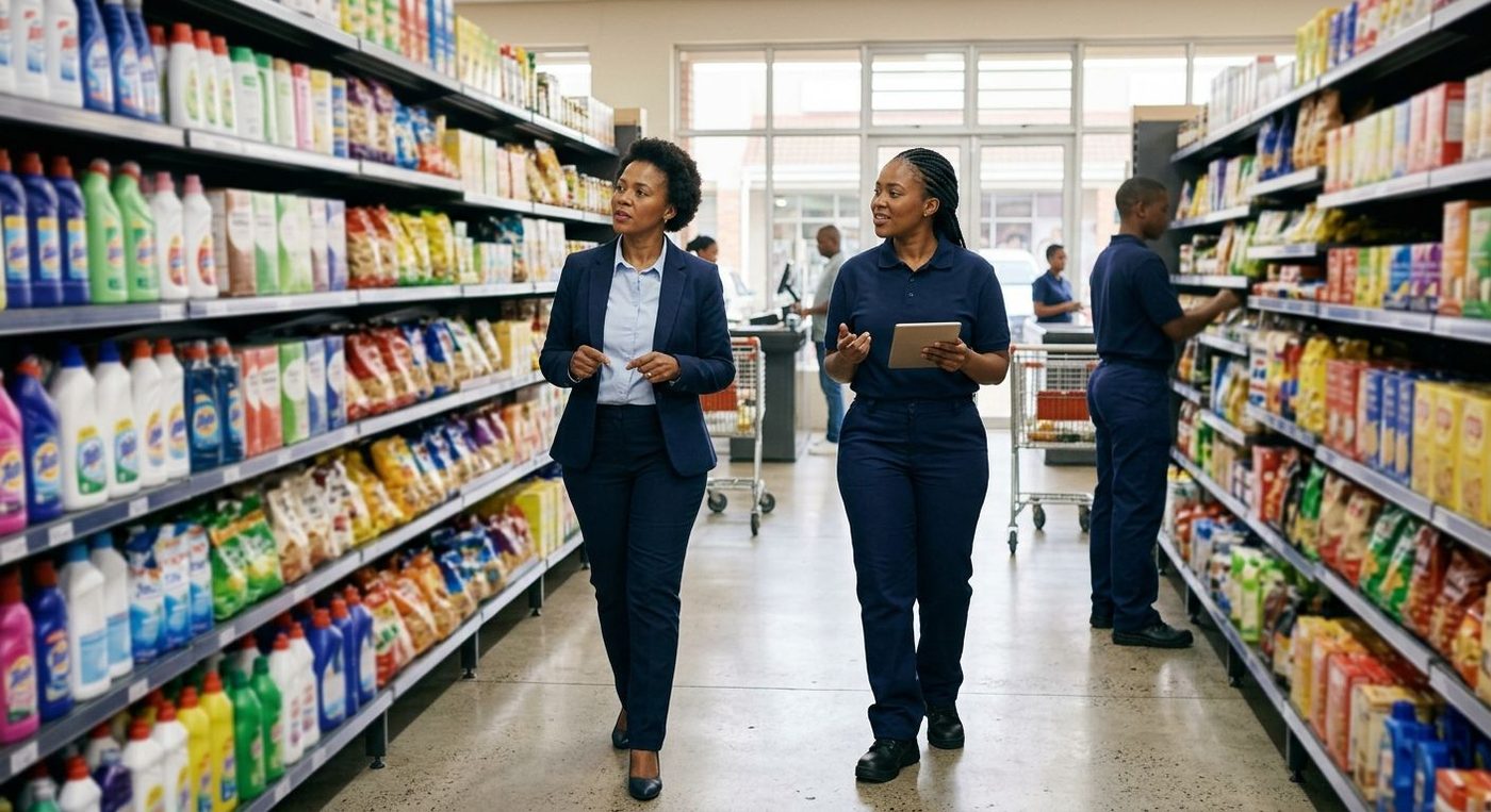 Area manager and store manager walking the shop floor together