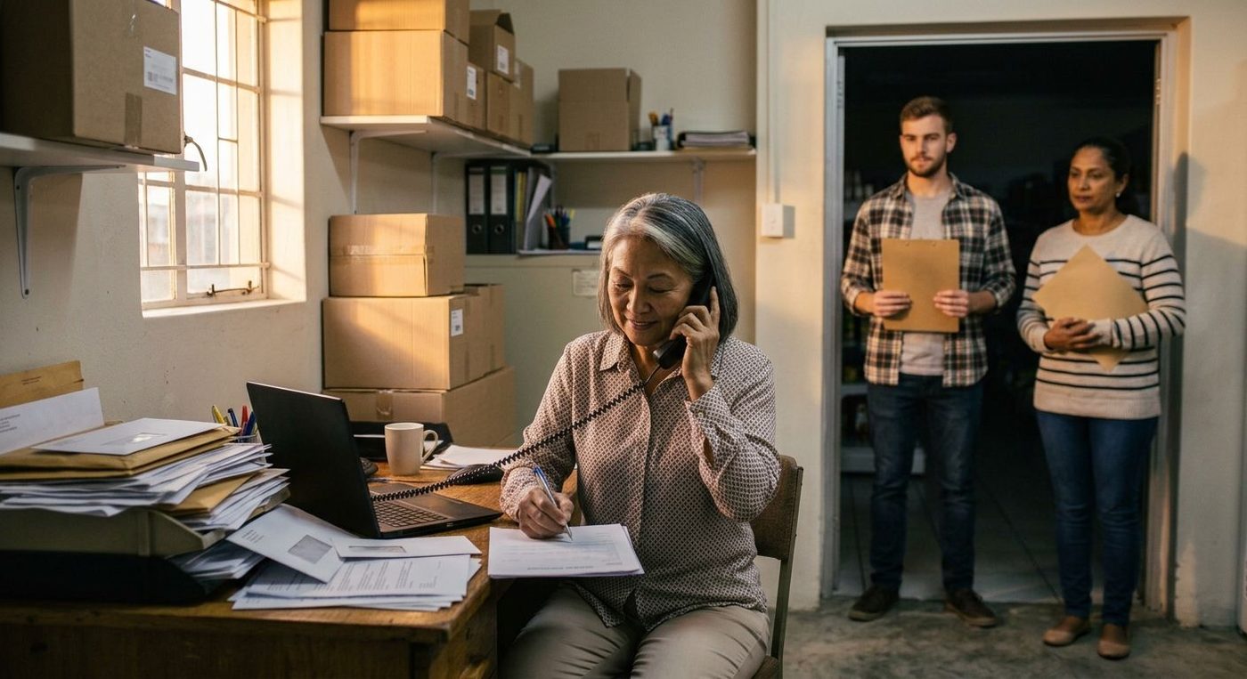 Owner on the phone signing a document while two staff members wait at the door with folders