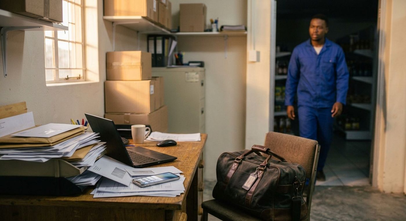 Owner's empty desk with a packed travel bag and a phone full of notifications, a staff member hesitating in the doorway