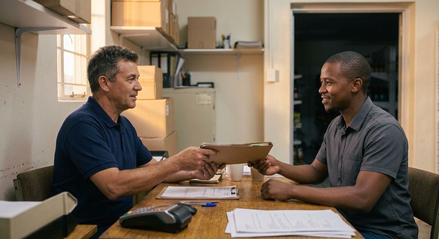 Owner handing a folder to a senior staff member across the desk
