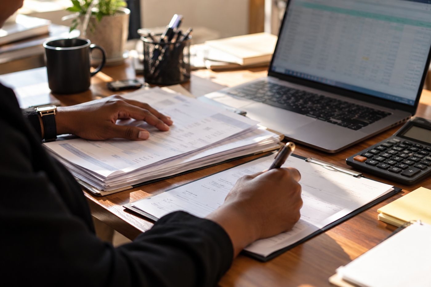 One pair of hands preparing, signing and checking paperwork beside a laptop spreadsheet