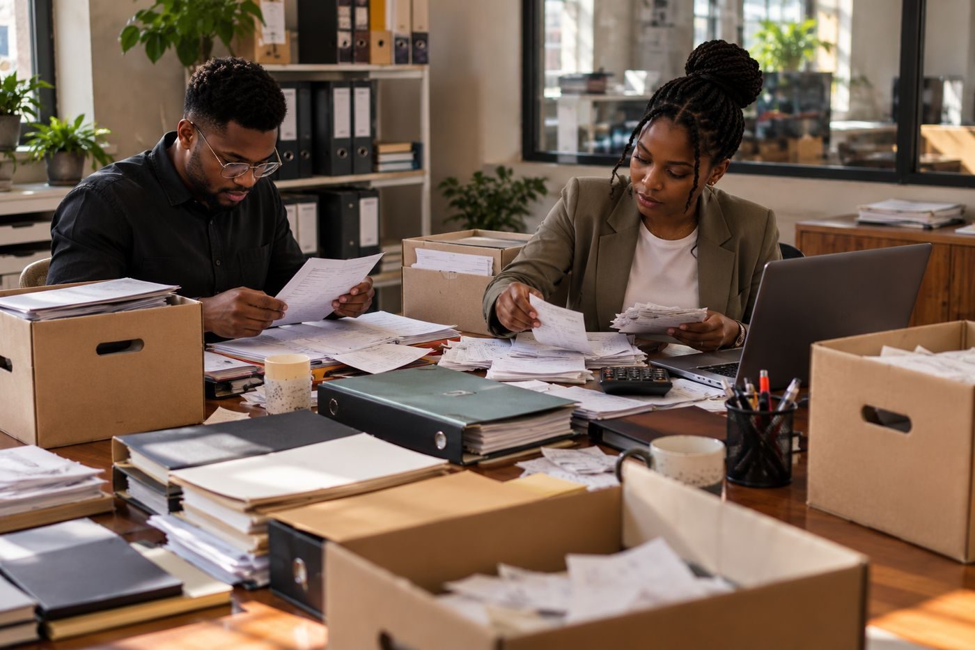 Owner and accountant sorting through boxes of old receipts and records to catch up